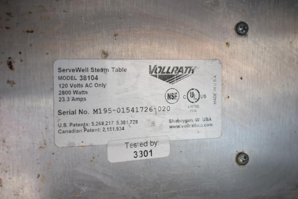 ServeWell Vollrath 38104 4 Well Steam Table label showing model, 120V, 2800W, 23.3A, and serial number M195-01541726-020.