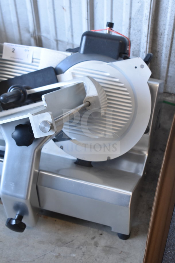 Globe SG13-84 Commercial 13" Automatic Slicer, blade sharpener attached, brand new, minor cosmetic dents, 110V, 1 phase.