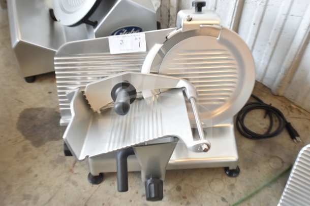 Brand new Globe G12 commercial meat and cheese slicer with 12" blade, minor scratches, includes blade sharpener, 115V, 1 phase.