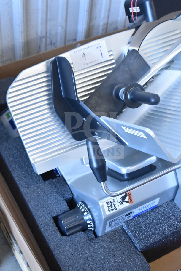 Globe SG13-84 Commercial 13" slicer, brand new with scratch and dent, features blade sharpener, 110V, 1 phase.