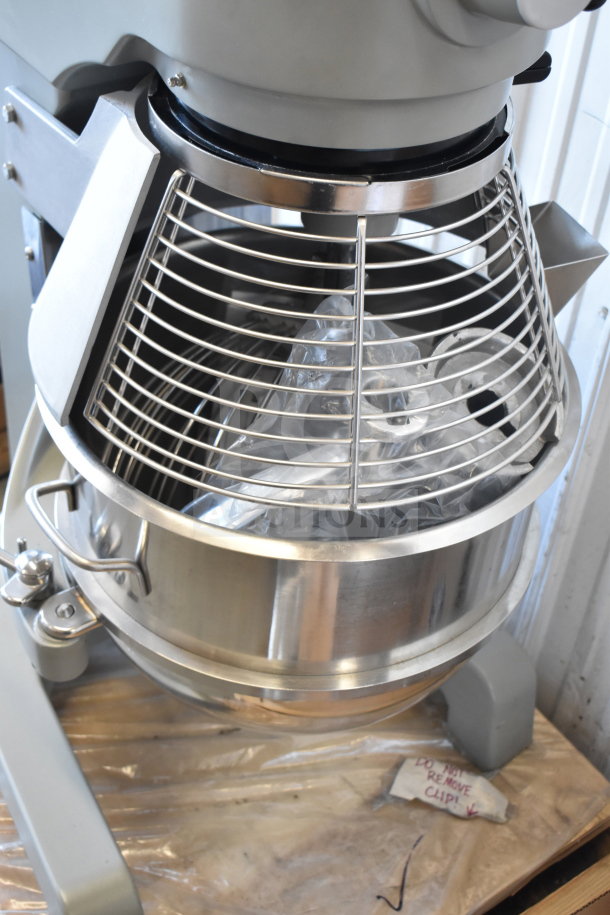 Brand new Varimixer SP40 commercial 40 Qt. mixer by Globe, with bowl guard, dough hook, paddle, and whisk attachments.