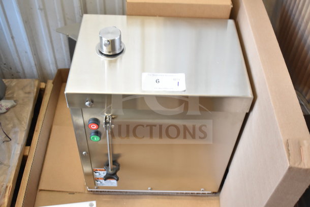 Brand new Globe GSCS3-3 commercial cheese shredder, 230V, 3-phase, scratch and dent, stainless steel finish, high volume capacity.