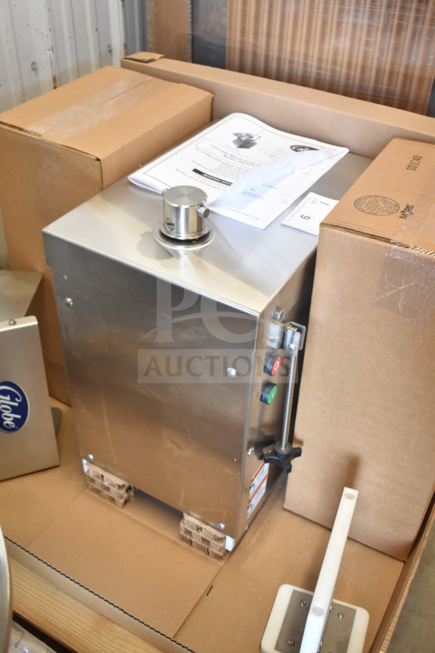 BRAND NEW! Globe GSCS3-3 Commercial Cheese Shredder, 230V, 3 Phase, scratch and dent, stainless steel, high volume use.