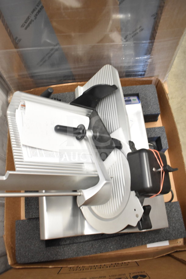 Brand new Globe SG13A automatic meat & cheese slicer, 13" blade, blade sharpener, 110V, scratch and dent condition.
