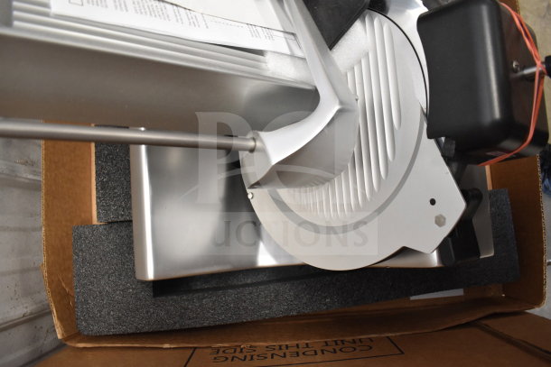 Globe SG13A commercial slicer, 13" blade, automatic, blade sharpener, brand new, scratch and dent condition, 110V, 1 phase.
