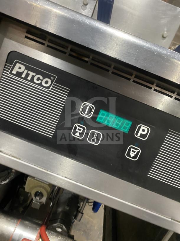 Pitco SG14-JS stainless steel fryer with digital control, back splash, basket hanger, and fry basket. Model: SG14-JS SN: G06HC034999.