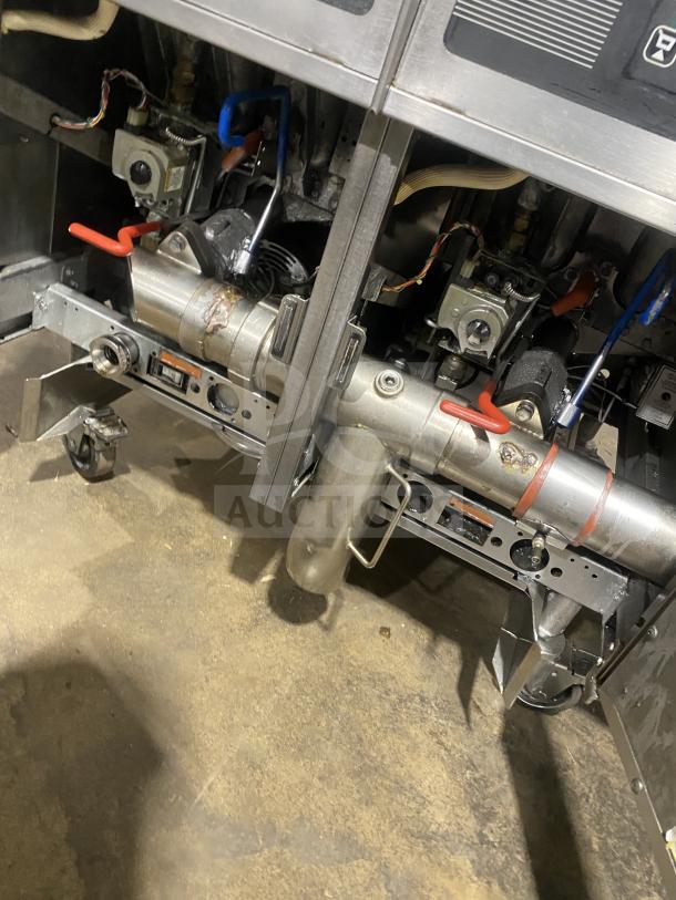 Pitco SG14-JS triple-bay deep fat fryer, natural gas, digital controls, stainless steel, with basket hanger, on casters.