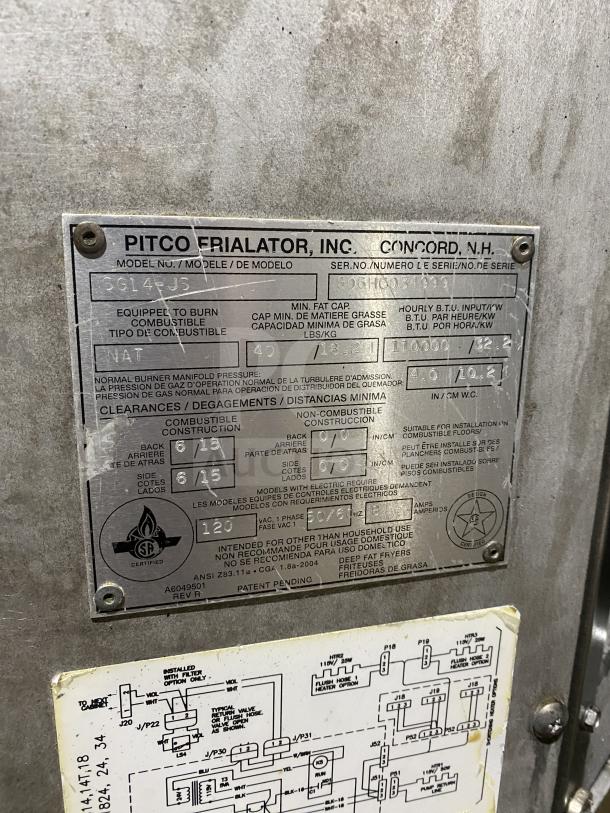 Pitco SG14-JS fryer label showing model, serial number G06HC034999, gas specs, and certification details.