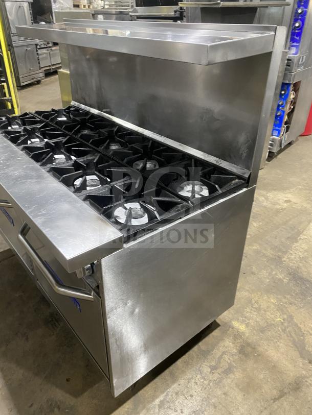 Bakers Pride 10-burner stainless steel gas range with double oven, model 60BP10BS26N. Includes backsplash and salamander shelf.