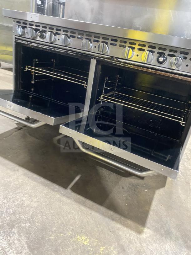 Bakers Pride 60BP10BS26N commercial 10-burner range with double oven, stainless steel, includes backsplash and salamander shelf.