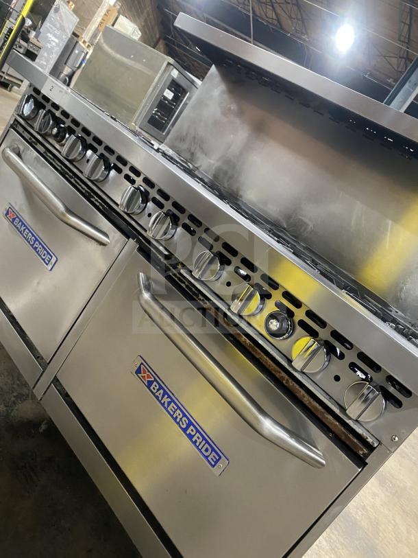 Bakers Pride stainless steel gas 10-burner range with double oven, backsplash, overhead salamander shelf, Model 60BP10BS26N.