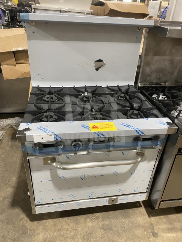 New Kutano 36" stainless restaurant range, Model KUT-6-BR-N-36-N6, 6 burners, natural gas, with standard oven. Brand-new condition.