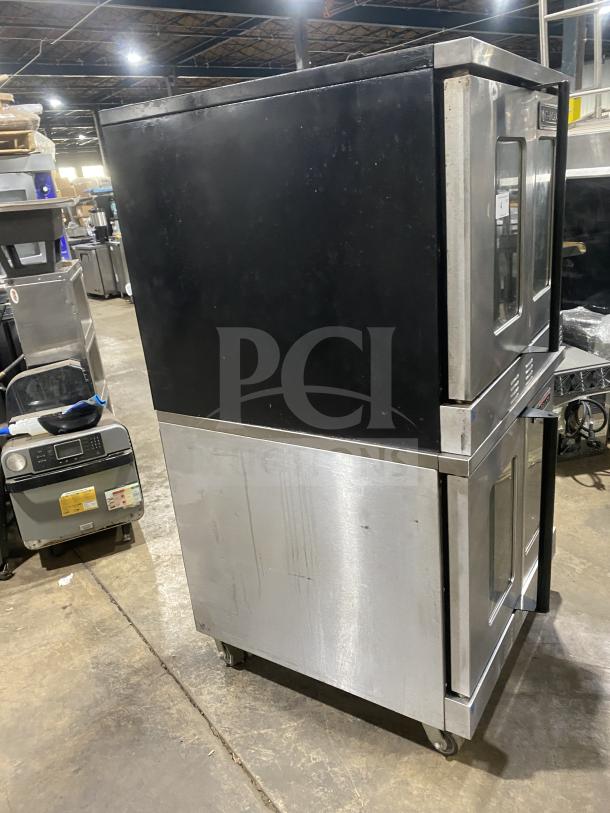 Garland Master 300 double stacked stainless steel convection ovens on casters, view-through doors, wire racks, commercial use.
