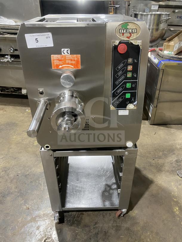 Italgi P80A commercial pasta extruder, stainless steel, electric, 220V 1-Phase, with casters, model SN: 115, used condition.