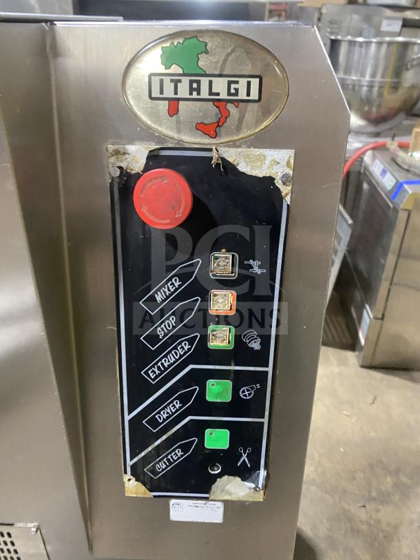 Italgi P80A stainless steel pasta extruder, electric, commercial use, shown with control panel and Italgi logo, on casters.