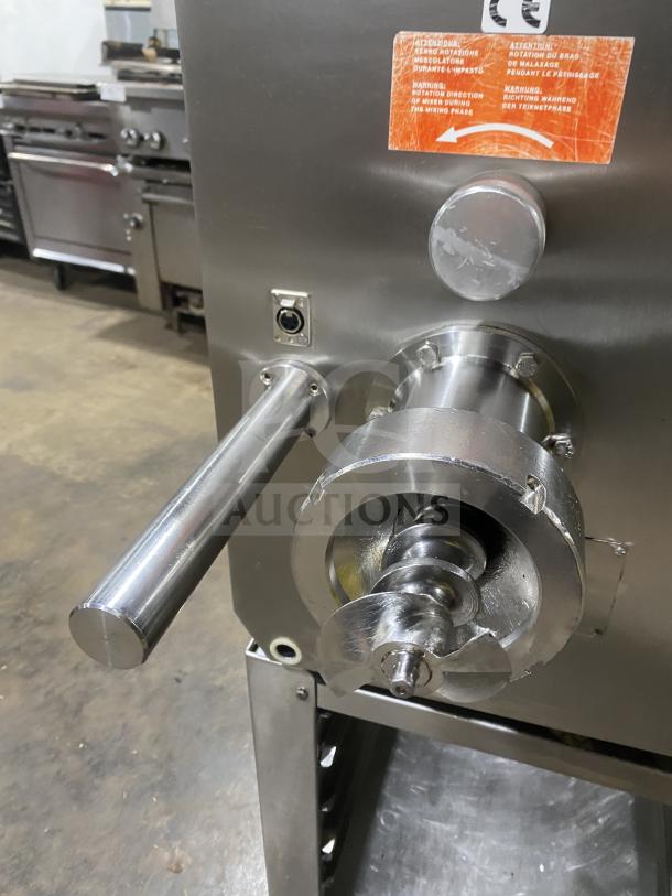 Italgi P80A stainless steel pasta extruder, electric-powered, 220V, 1-phase, with casters. Industrial-grade, serial number 115.