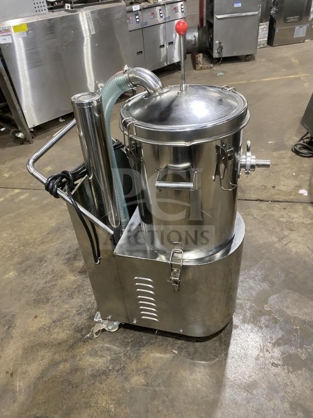 Commercial stainless steel vacuum syrup filter press, features robust design, top lid, hose, and handle. Suitable for syrup filtration.