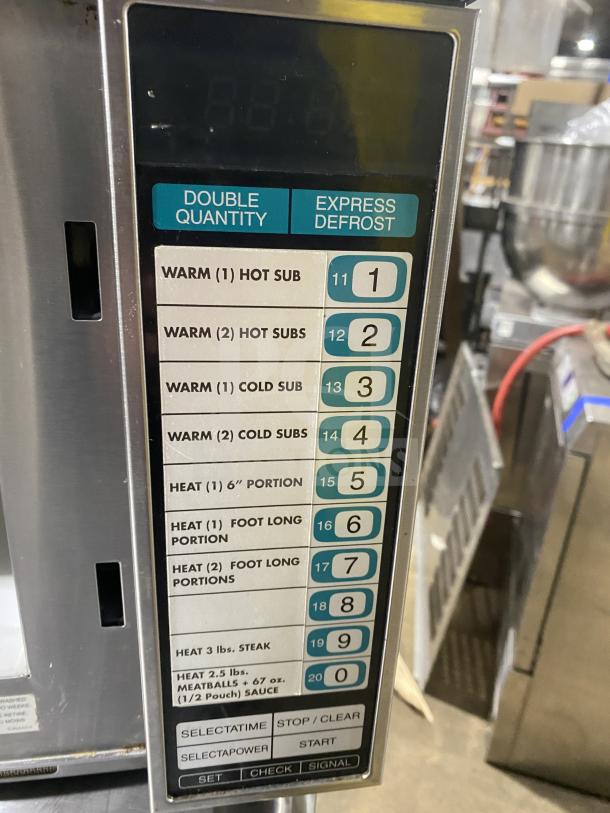 Sharp R-22GT-F commercial stainless steel microwave with digital control panel, 120V, serial number 09918, countertop model.