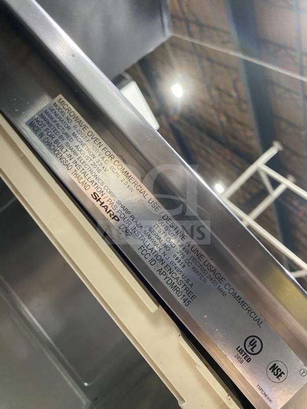 Sharp R-22GT-F commercial stainless steel microwave with digital controls, UL and NSF certified. Serial number 09918.