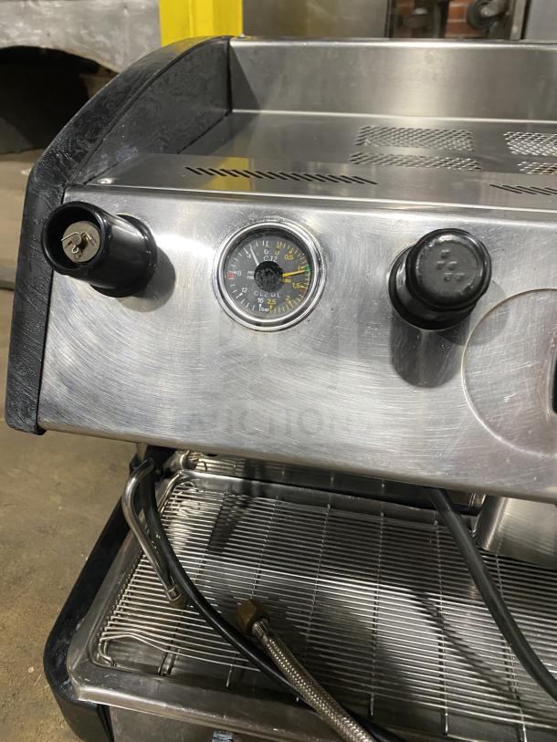 Danesi CONTROL 3GR stainless steel espresso machine with 3 groups and portafilter handles, serial 035530, 230V, in good condition.