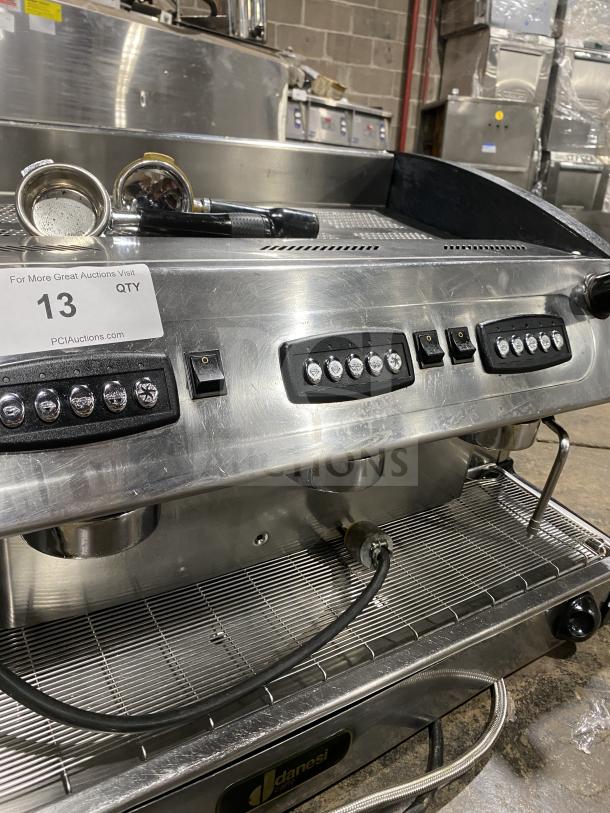 Danesi CONTROL 3GR espresso machine in stainless steel, 3-group, includes porta filter handles, Model SN: 035530, 230V.