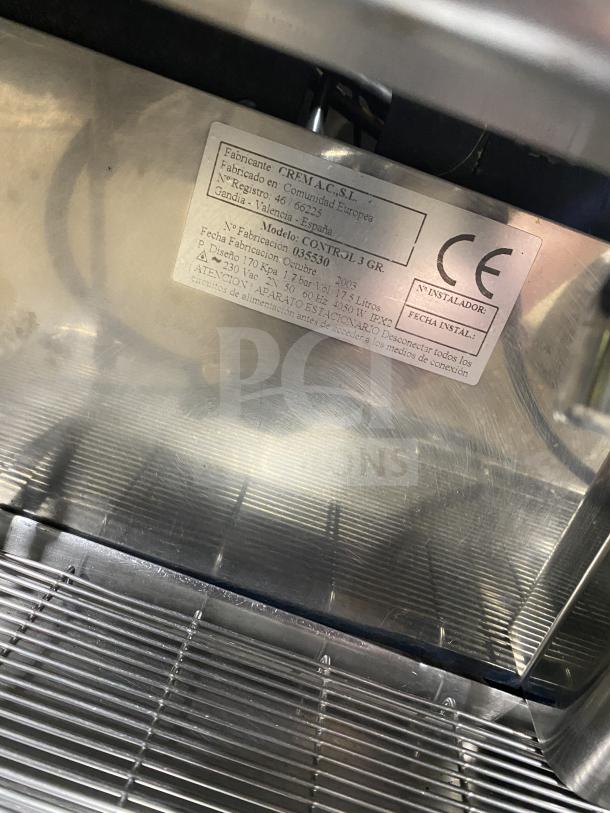 Danesi CONTROL 3GR commercial espresso machine, stainless steel, 3-group, with Porta Filter Handles, SN: 035530, 230V.