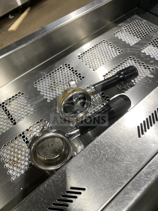 Danesi CONTROL 3GR espresso machine with porta filter handles on stainless steel countertop, Model: CONTROL 3GR, SN: 035530.