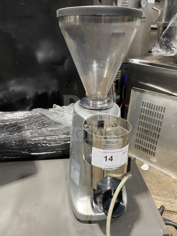 Mahlkonig Super Jolly Timer espresso grinder, commercial model, silver, fair condition, visible serial number 0303154.