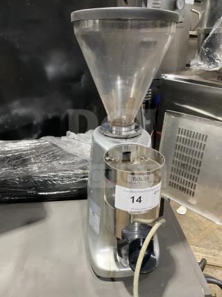 Mahlkonig Super Jolly Timer espresso grinder, commercial model, silver, fair condition, visible serial number 0303154.