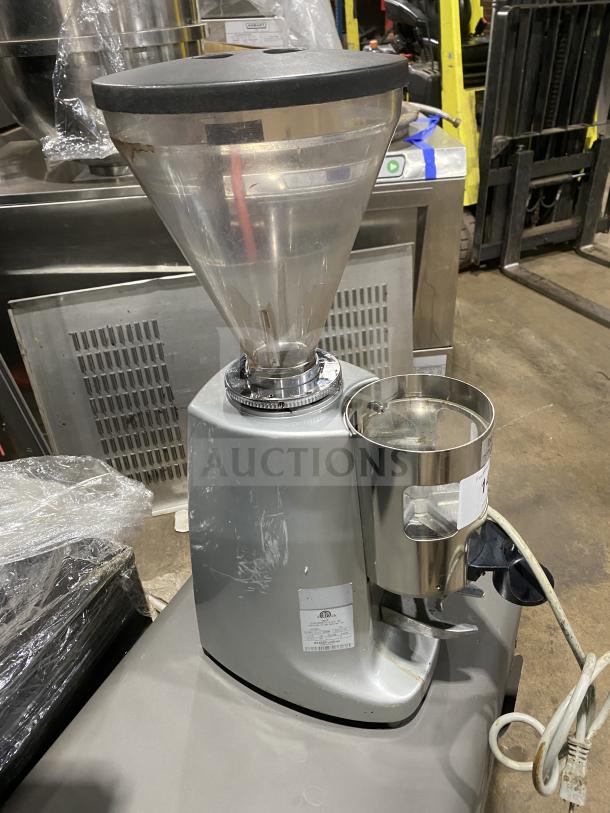 Mahlkonig SUPER JOLLY TIMER espresso bean grinder, 110V, commercial-grade, visible wear, model and serial number label present.