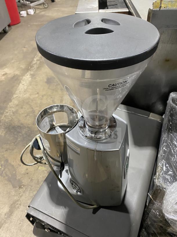 Mahlkonig SUPER JOLLY TIMER espresso bean grinder, model SN: 0303154, 110V 1 Phase. Used commercial countertop condition.