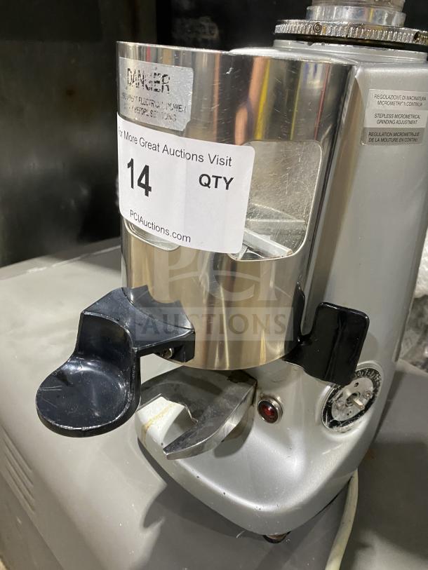 Mahlkonig SUPER JOLLY TIMER espresso bean grinder, 110V, with visible auction label and safety warning tag, used condition.
