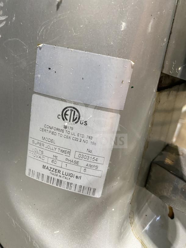 Mahlkonig Super Jolly Timer espresso bean grinder label showing model, SN 0303154, and 110V specifications.