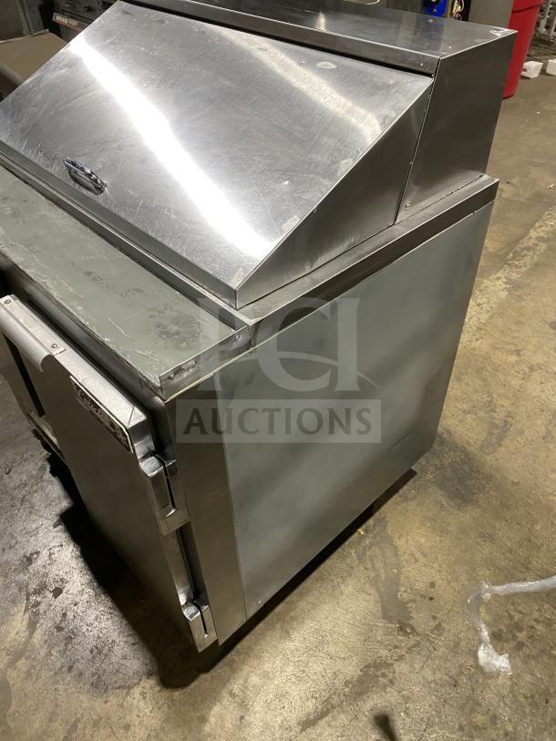 Leader LM36 S/C commercial stainless steel sandwich prep table on casters, model PS020522, featuring refrigerated mega top.