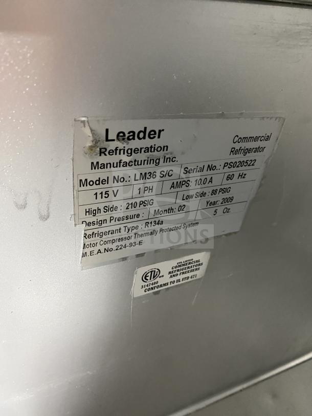 Leader LM36 S/C refrigerated sandwich prep table label, showing model, serial number PS020522, 115V, 1 Phase, commercial use.