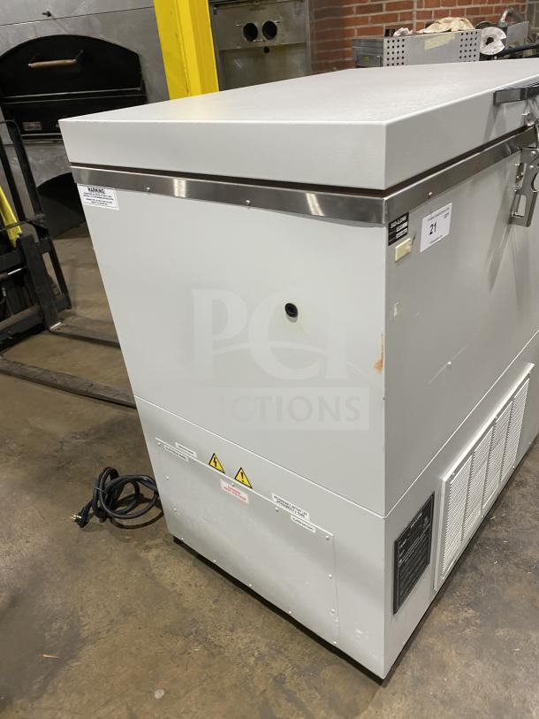 So-Low CA5-5 commercial chest freezer, model CA5-5, serial 202141693, 115V, used condition, visible labels and warnings.