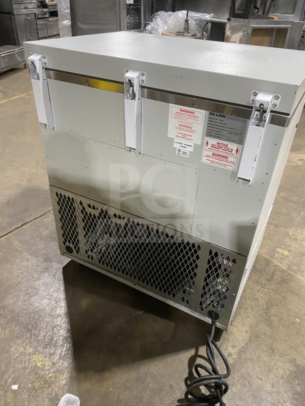 So-Low Commercial Series Low Temperature Chest Freezer, Model CA5-5, 115V. Features durable construction, warning labels visible.