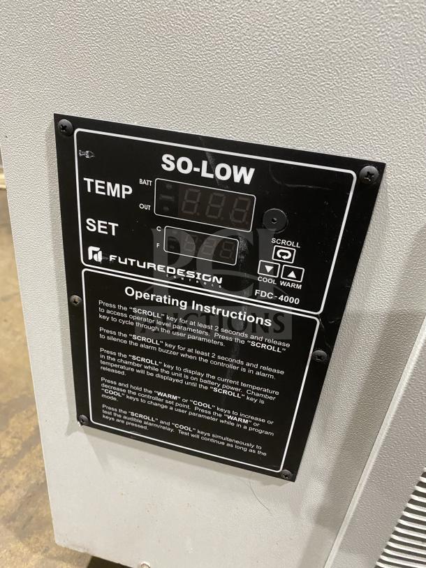 So-Low CA5-5 commercial chest freezer, model SN: 202141693, with digital controls and 115V power. Condition: displays some wear.