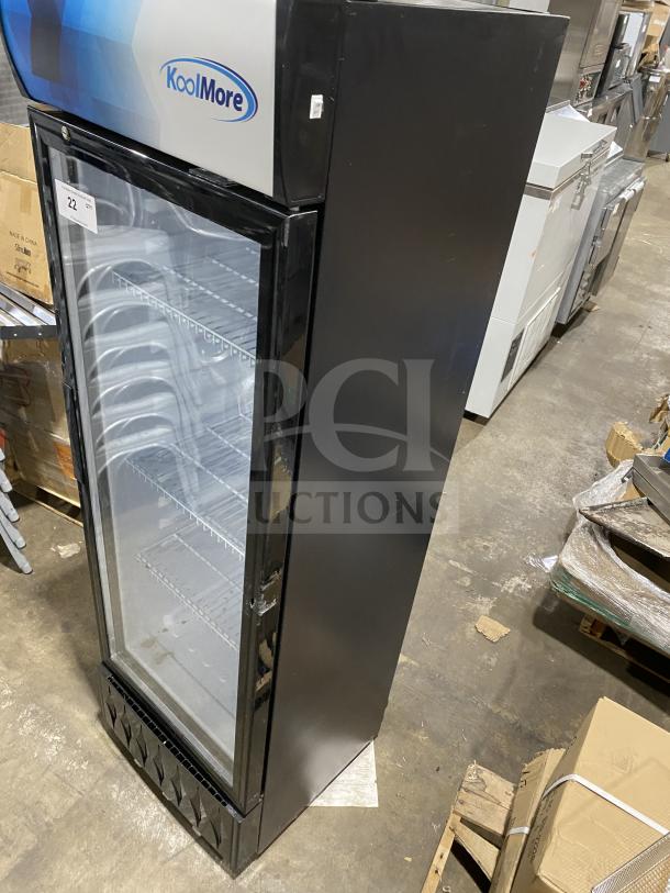 KoolMore MDR-9CP commercial merchandiser refrigerator, black with a single glass swing door, poly-coated wire rack, 115V.