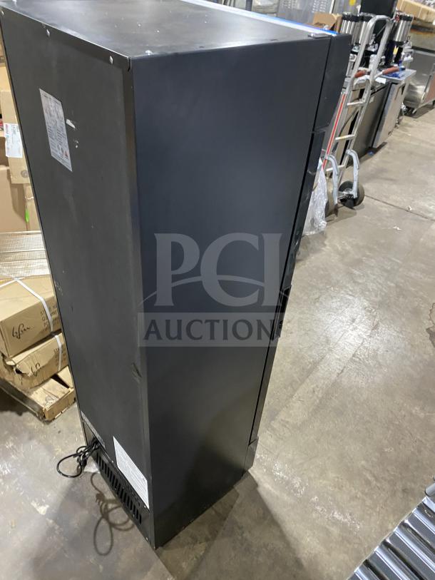 KoolMore MDR-9CP commercial refrigerator, black, single glass swing door, poly coated wired rack, 115V, side view.
