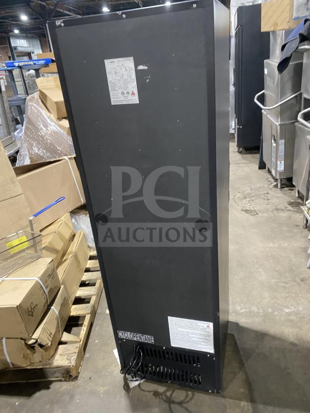 KoolMore Commercial Refrigerator Model MDR-9CP, black, single glass swing door, poly-coated wired rack, 115V, back view.