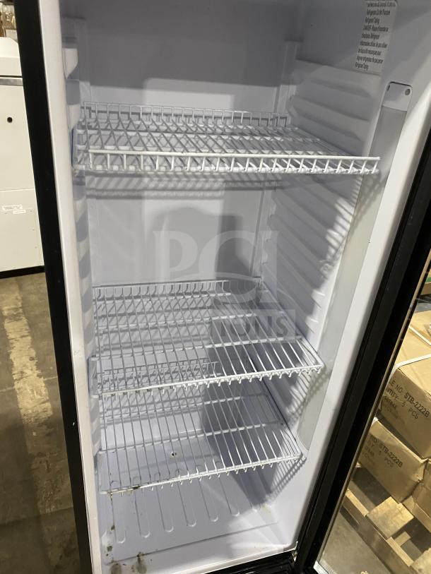 KoolMore commercial refrigerator, model MDR-9CP, with single glass door, poly coated wired racks, in black, 115V.