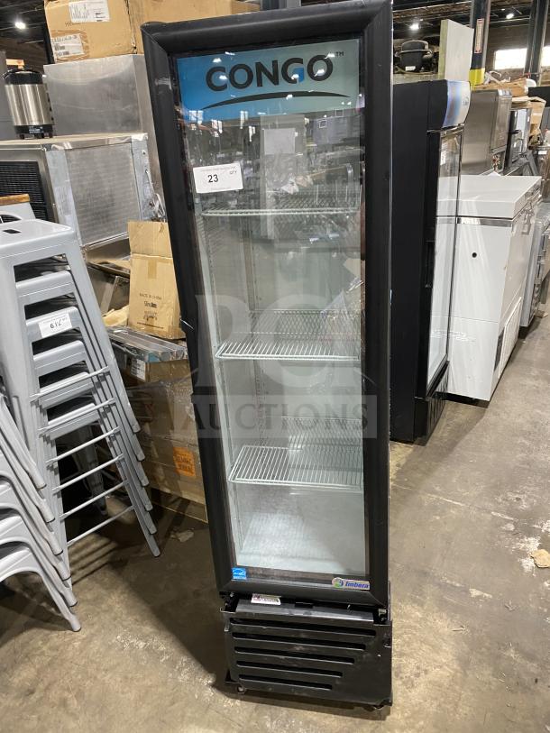 Imbrera Congo VR08R6 black single glass swing door merchandiser refrigerator, poly-coated rack, Energy Star certified.