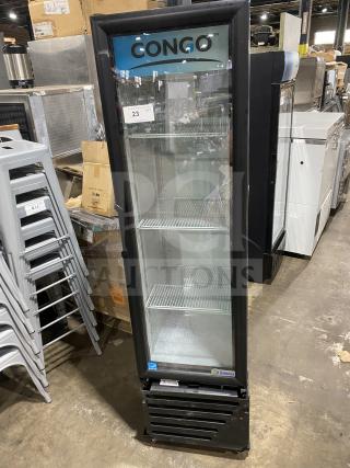 Imbrera Congo VR08R6 black single glass swing door merchandiser refrigerator, poly-coated rack, Energy Star certified.