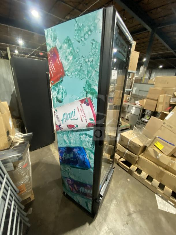 Imbrera Congo VR08R6 black single glass door merchandiser refrigerator with poly-coated wire rack, Energy Star certified.