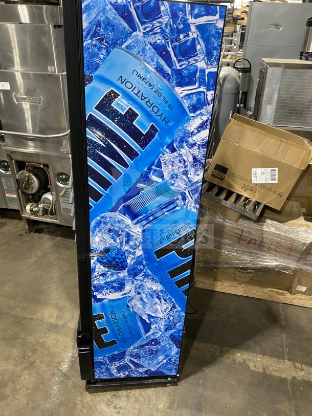 Imbrera Congo Style black single glass swing door refrigerator, model VR08R6, with poly coated wired rack. Energy Star certified.