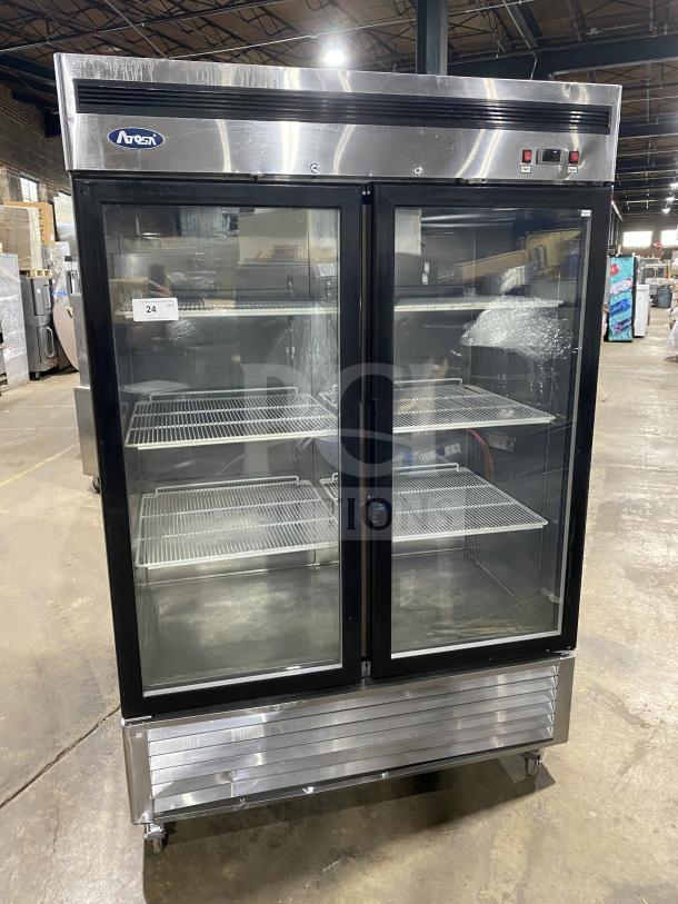 Atosa MCF8707 double glass door refrigerator, stainless steel, poly coated racks, on casters, good condition.