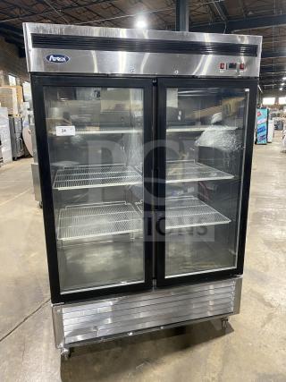 Atosa MCF8707 double glass door refrigerator, stainless steel, poly coated racks, on casters, good condition.