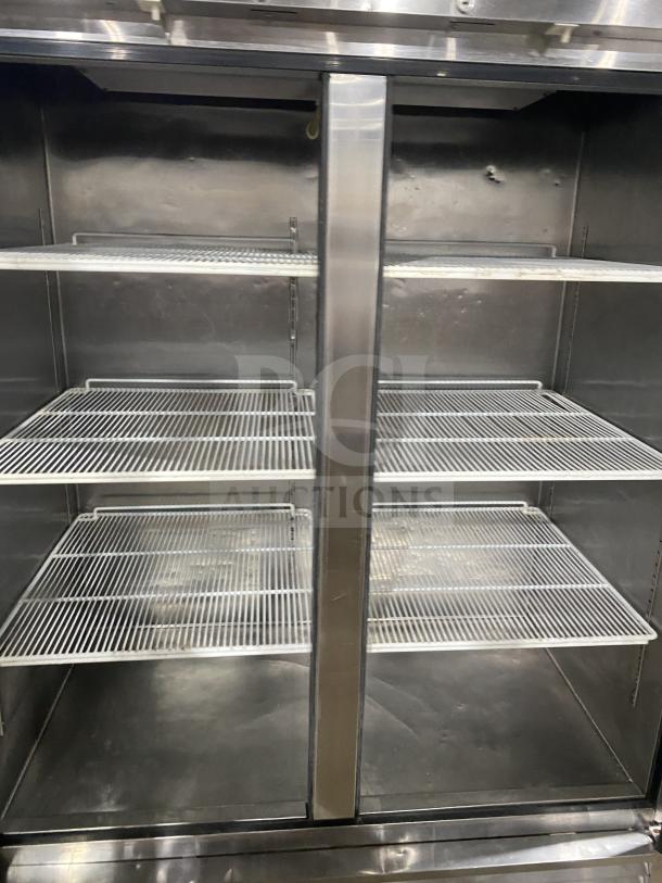 Atosa MCF8707 stainless steel double glass door merchandiser refrigerator, poly coated racks, on casters, 115V, 1 phase.