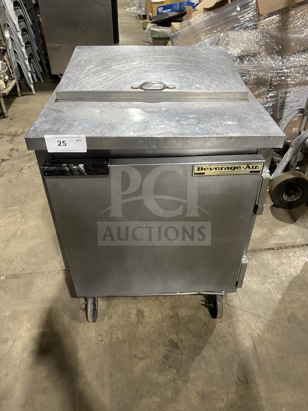 Beverage Air stainless steel sandwich prep table SP27, single door refrigerated storage, on casters, Model SP27, Serial 8108534.
